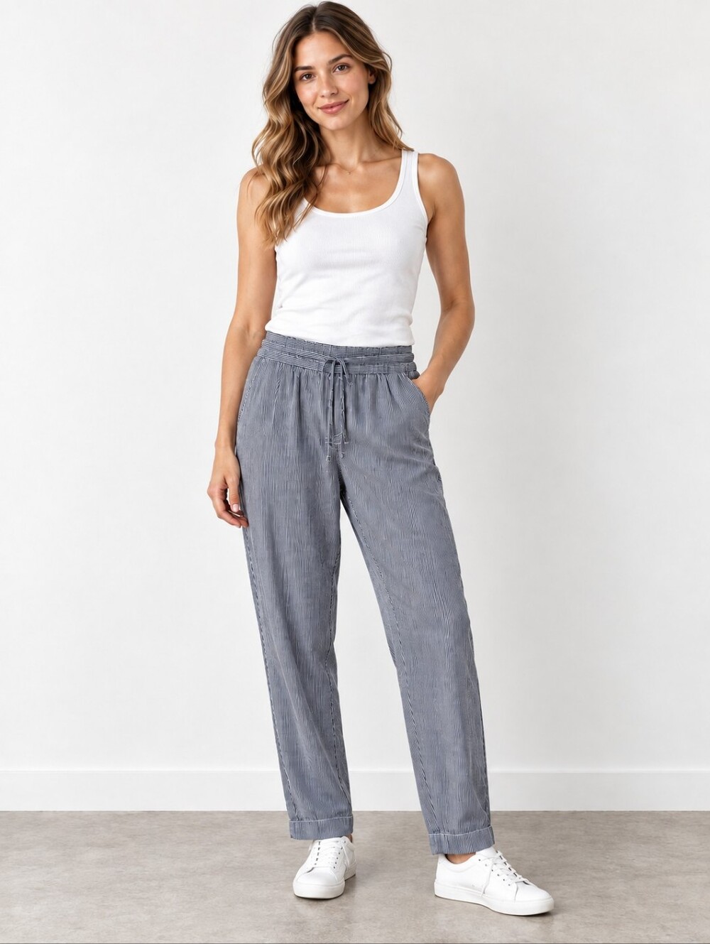 GAP Easy Pant Women’s M Tall Navy White Striped Drawstring Pants